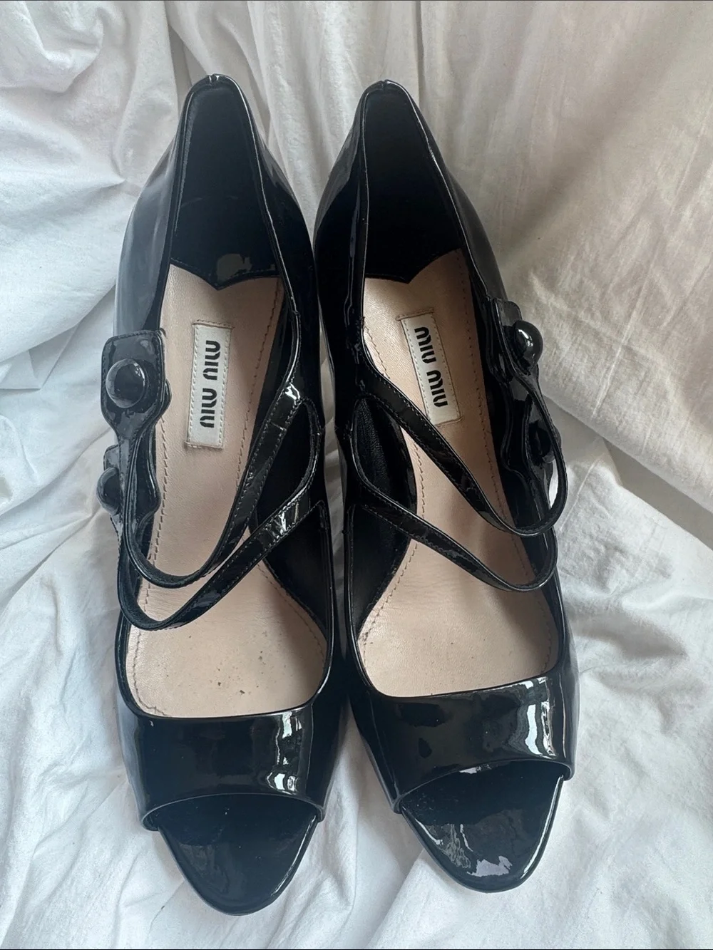 Miu Miu Black Patent Leather Mary Jane Peep-Toe Heels with Double Straps